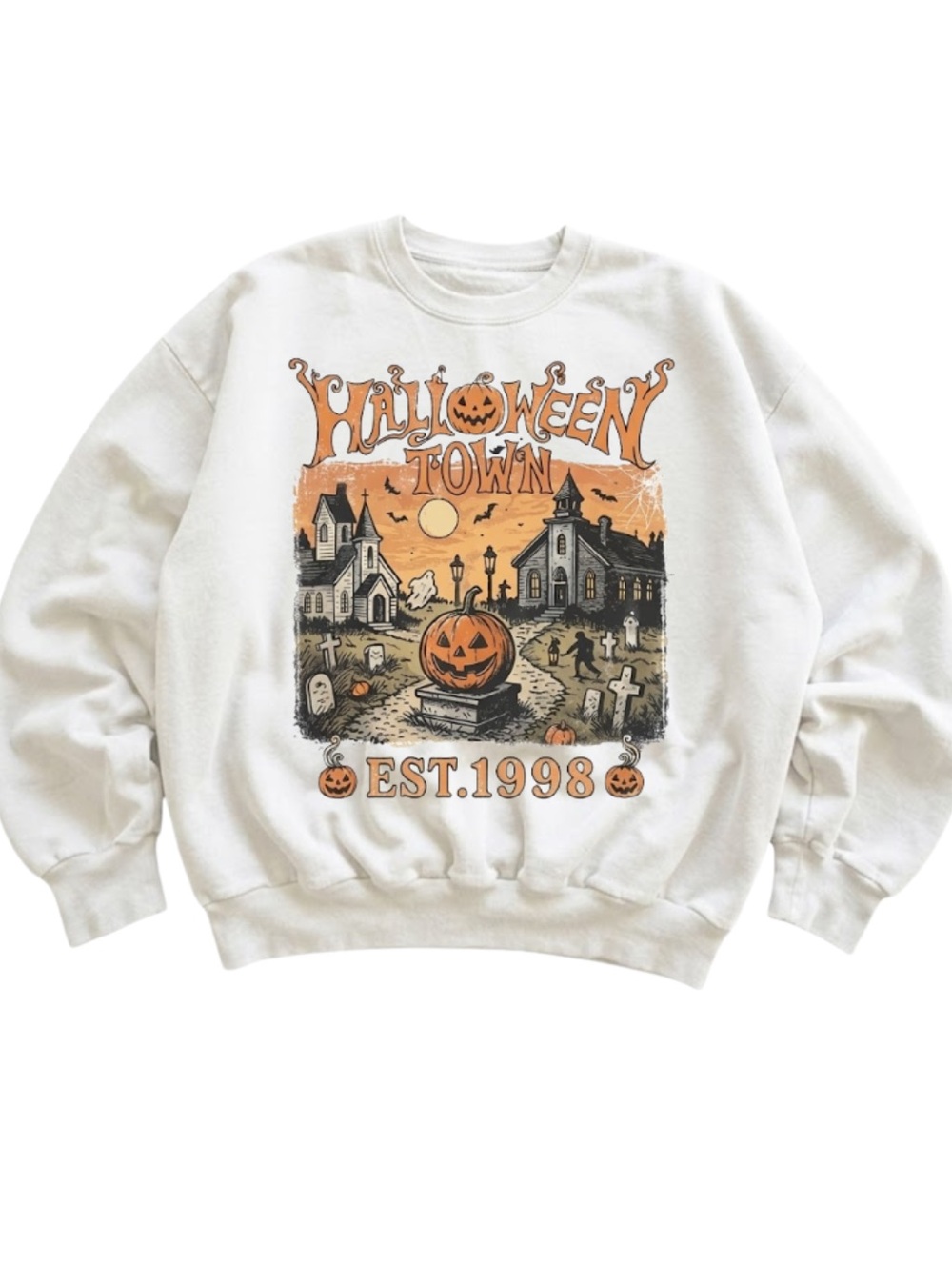 Gildan Halloween Town Graphic Crewneck Sweater - White/Orange